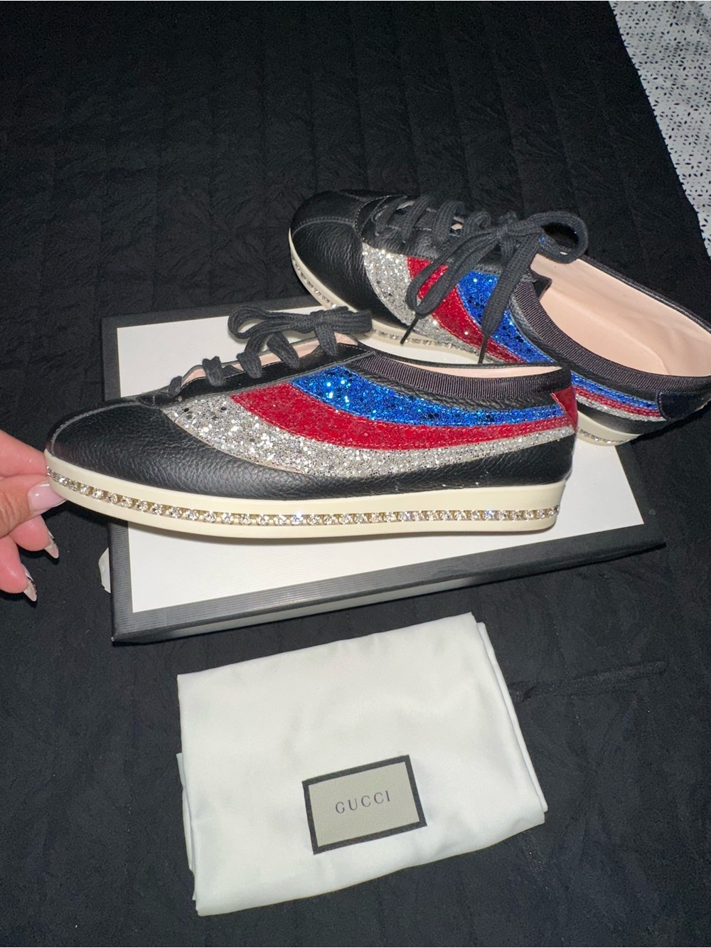 Gucci Black Sneakers with Red, Blue & Silver Glitter Waves - Picture 2 of 7